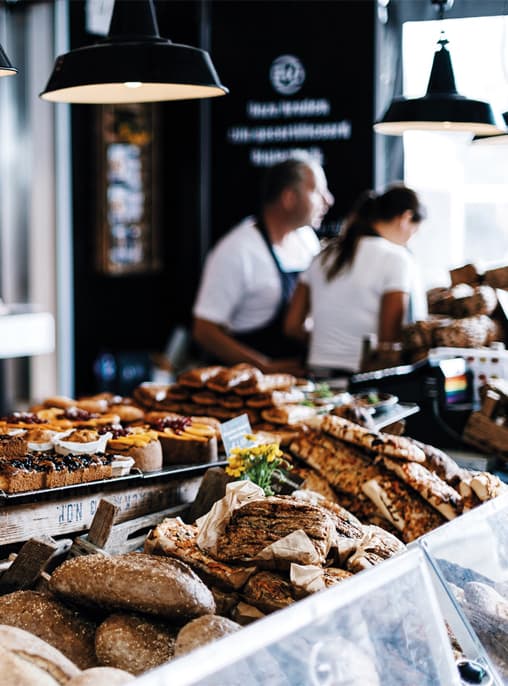 Cakes and pastry on display in shop